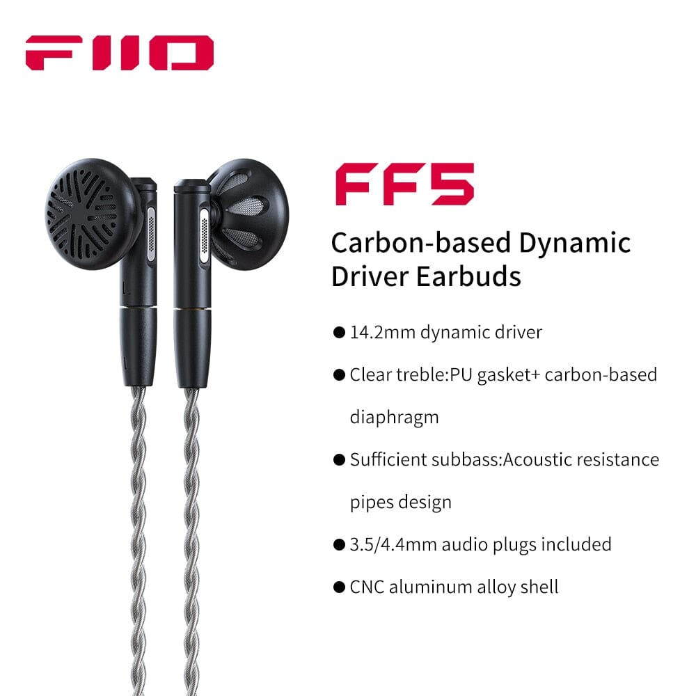FiiO FF5 Carbon-based 14.2mm Dynamic Driver Earbuds Alumium Shell With 3.5mm/4.4mm MMCX Cable HiFiGo