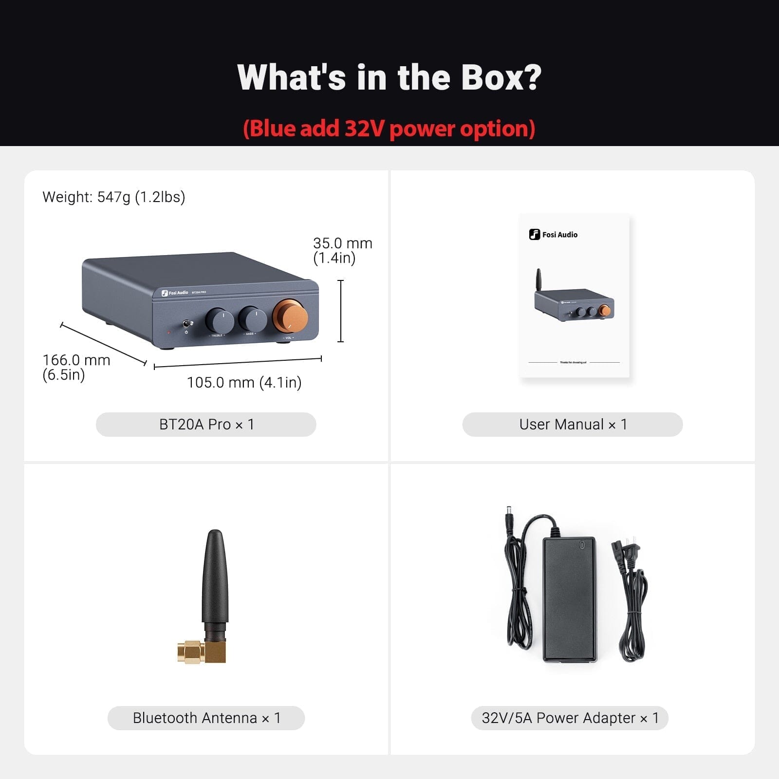 Fosi Audio BT20A Pro TPA3255 Bluetooth Sound Power Amplifier HiFiGo Blue + 32V Power Supply