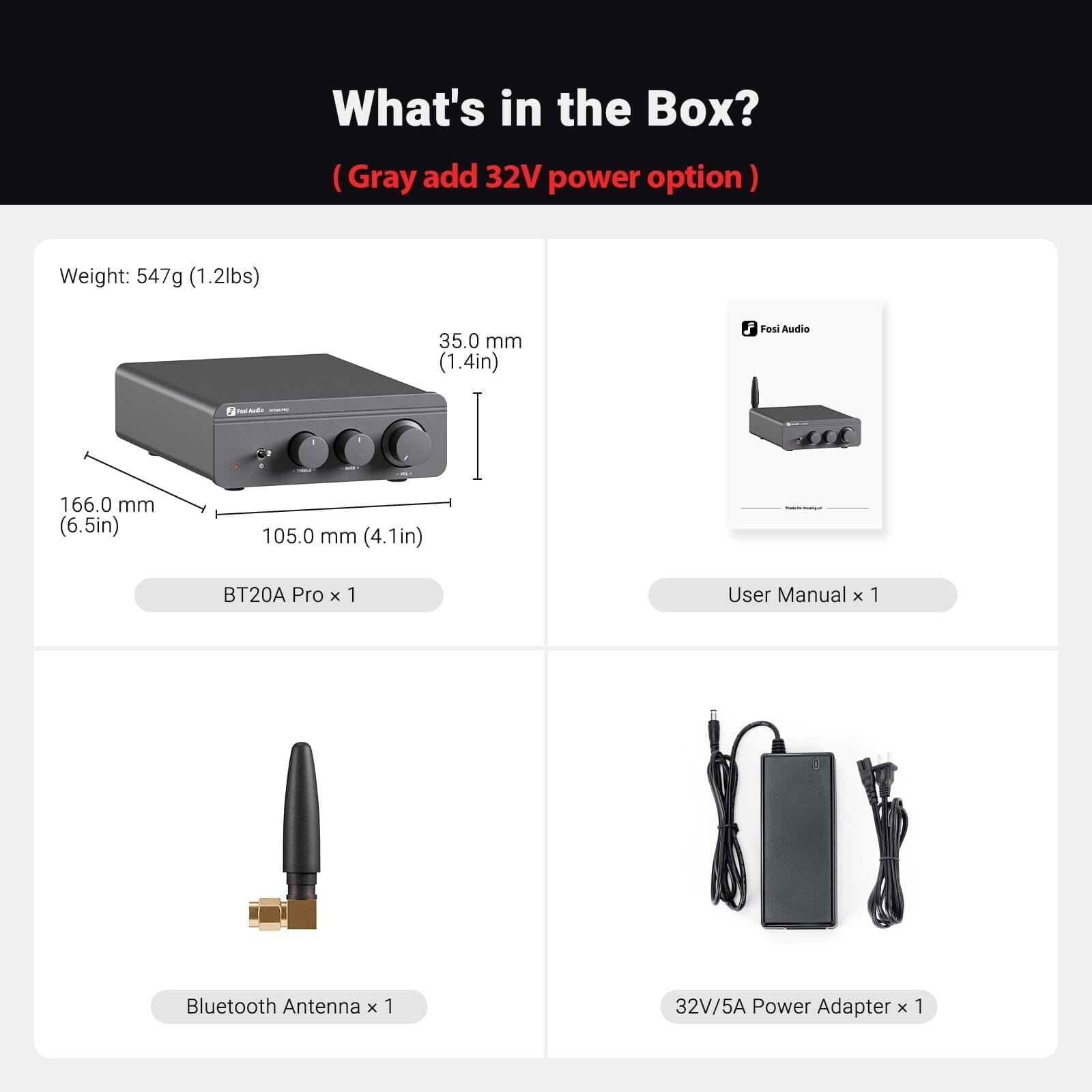 Fosi Audio BT20A Pro TPA3255 Bluetooth Sound Power Amplifier HiFiGo Gray + 32V Power Supply