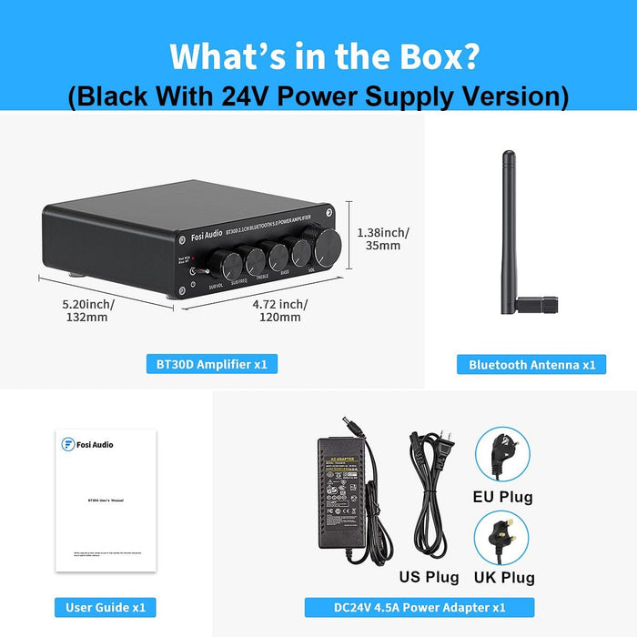 Fosi Audio BT30D 2.1 CH Bluetooth 5.0 Power Amplifier AMP HiFiGo Black-24V Power EU Plug 