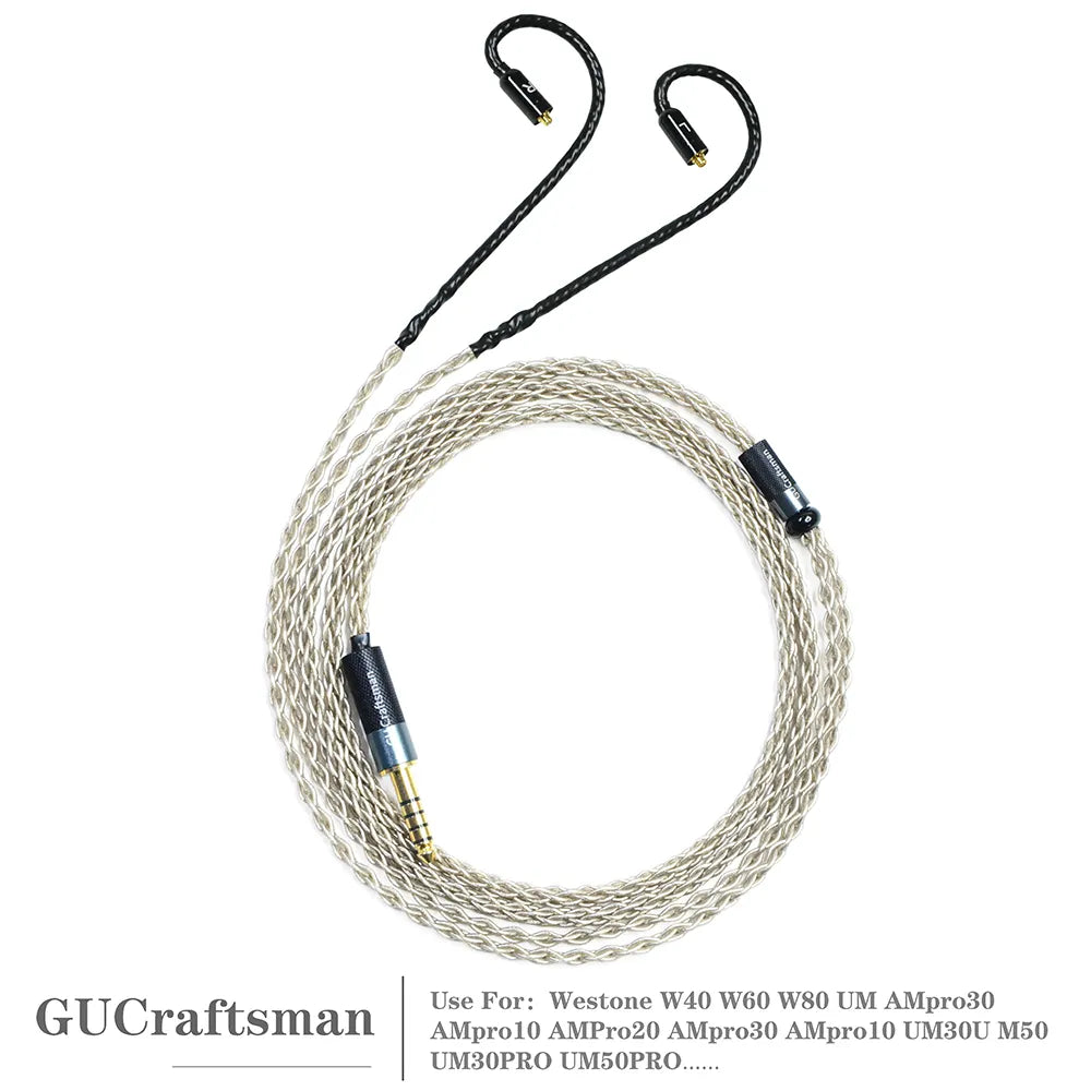 GUCraftsman 6N Single Crystal Silver Earphone Cables For W40 W60 W80 AMpro10 AMpro20 AMpro30 UM30PRO UM50 UM50PRO HiFiGo