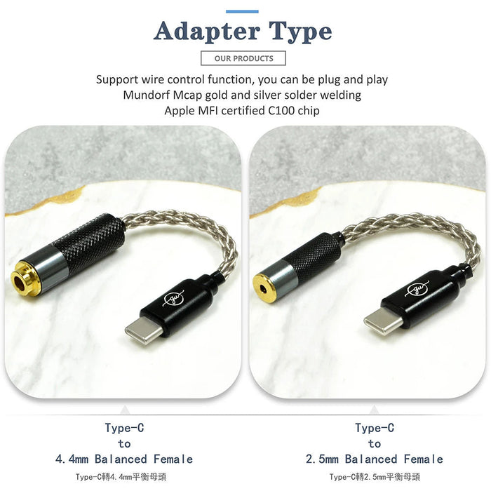 GUCraftsman HIFI USB Type-C to Jack 3.5/2.5/4.4 Cable Adapter For Android Mobile Phone Huawei Xiaomi Oppo Vivo SAMSUNG HiFiGo 