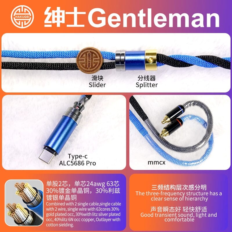 Hakugei Gentleman Litz 7N OCC Copper With Cotton Fibre Filled Shield 5-in-1 Switchable Plug Earphone Cable HiFiGo MMCX-Type-C