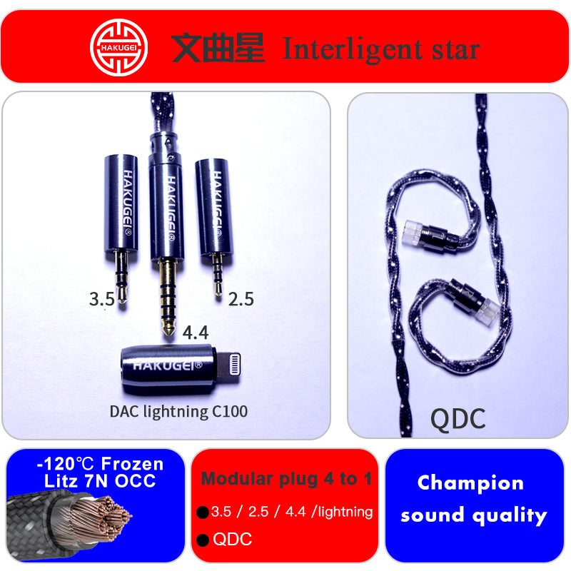 HAKUGEI Interligent Star 7N OCC Hifi Earphone Cable - 2Pin / MMCX / QDC / Flat 2Pin HiFiGo Flat 2Pin / 4 To1 / Lightning
