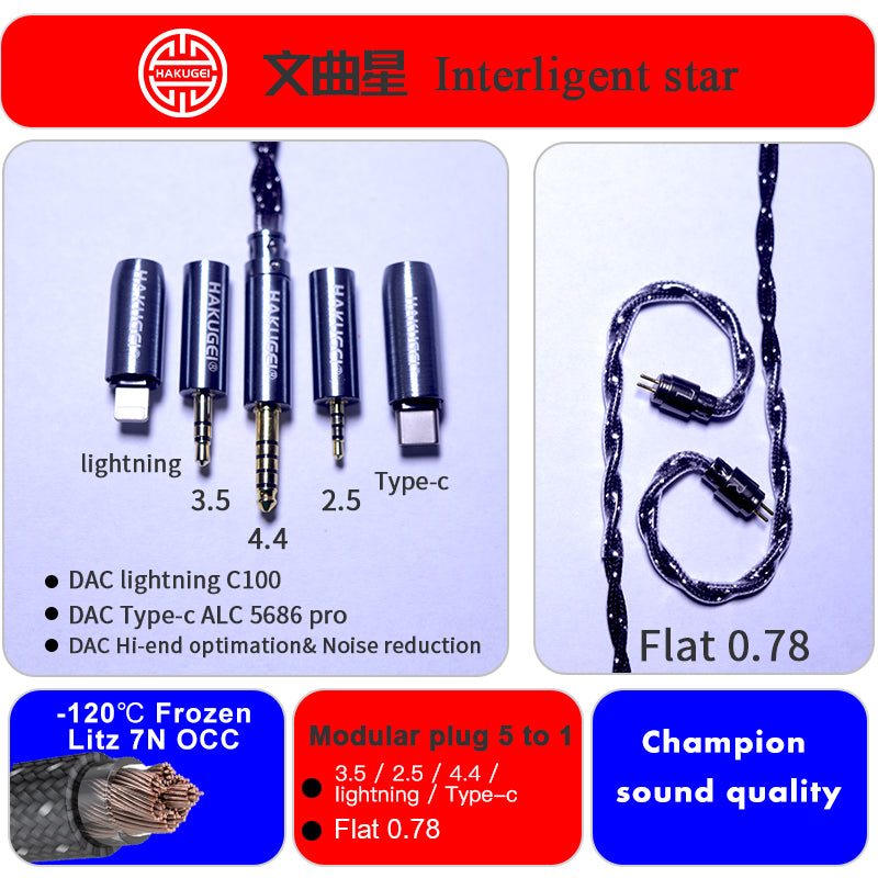 HAKUGEI Interligent Star 7N OCC Hifi Earphone Cable - 2Pin / MMCX / QDC / Flat 2Pin HiFiGo Flat 2Pin / 5 To1