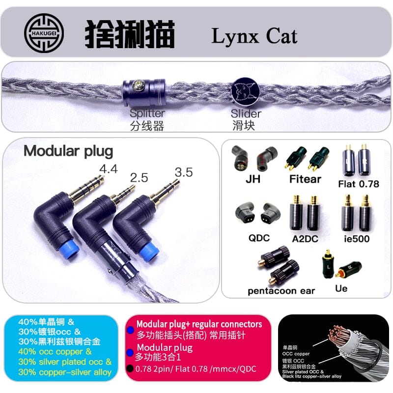 HAKUGEI Lynx Cat Black Litz Copper-silver Alloy & Silver Plated OCC Earphone Cable Modular Plug 3 To1 - 2Pin MMCX QDC Earphone Cable HiFiGo Other Connectors
