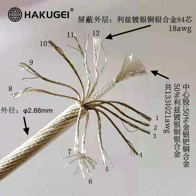 HAKUGEI White Dragon Gold Silver Palladium Alloy Shielding Cable 2.5 3.5 4.4 - 0.78 2Pin / MMCX HiFiGo