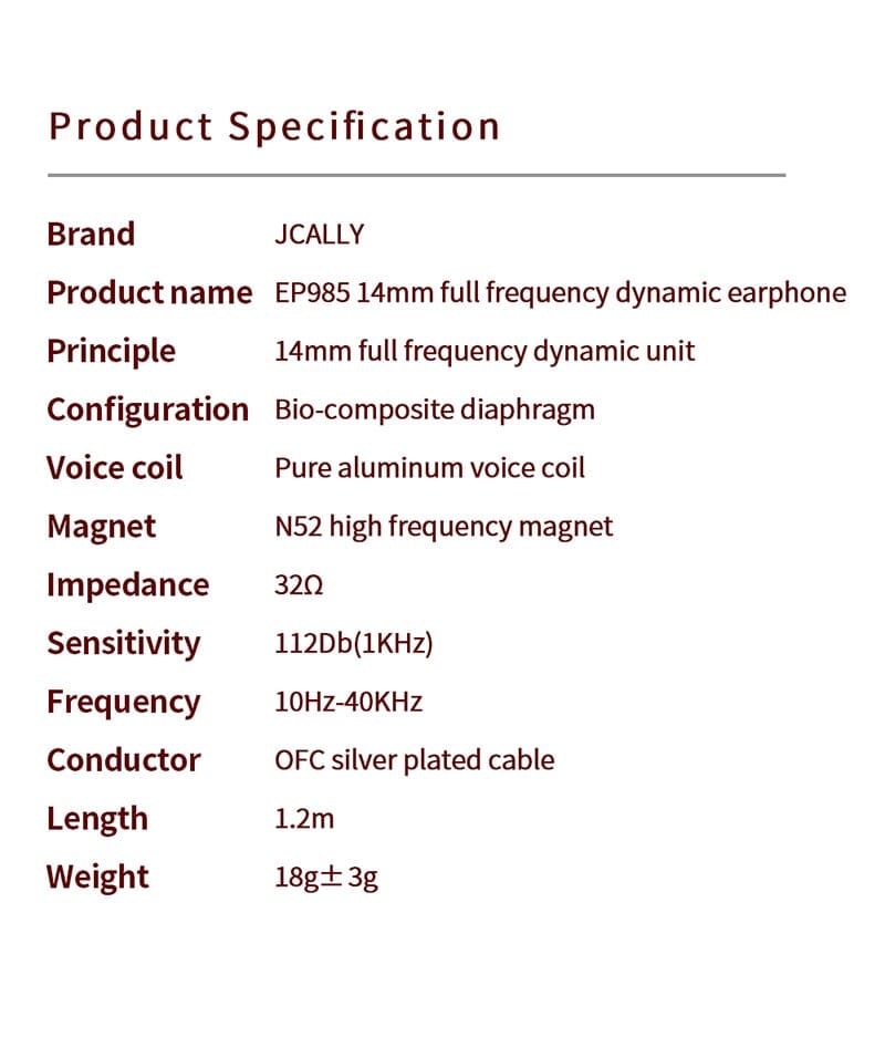 JCALLY EP985 Bio-Composite Diaphragm Full frequency Dynamic Flat Head Earphone HiFiGo