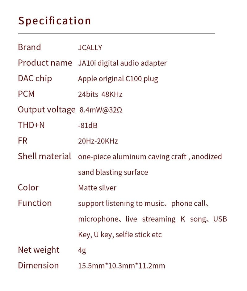 JCALLY JA56 / JA10i C100 Lighting / Type-c to 3.5mm Earphone Digital Audio Adapter For Android IOS HiFiGo