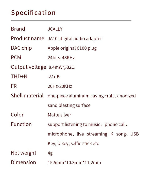 JCALLY JA56 / JA10i C100 Lighting / Type-c to 3.5mm Earphone Digital Audio Adapter For Android IOS HiFiGo 