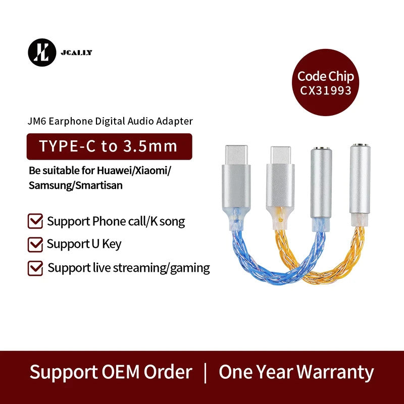 JCALLY JM6 CX31993 Earphone Digital Audio Type-C To 3.5mm Adapter