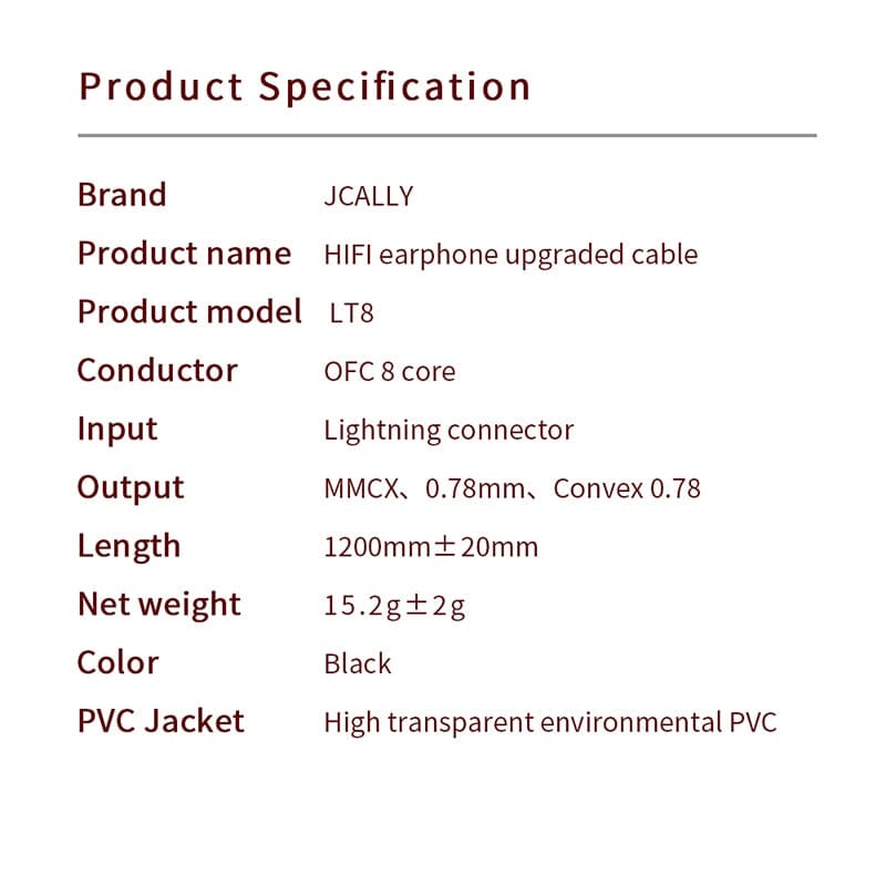 JCALLY LT8 Lightning Upgrade Cable 4 Strands 5N Oxygen-Free Copper Wire HiFiGo