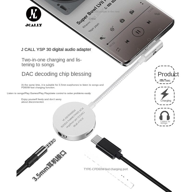 Jcally SP30 2-in-1 Transfer Cable Portable DAC & AMP With 3.5 Port & Type-C Fast Charging HiFiGo