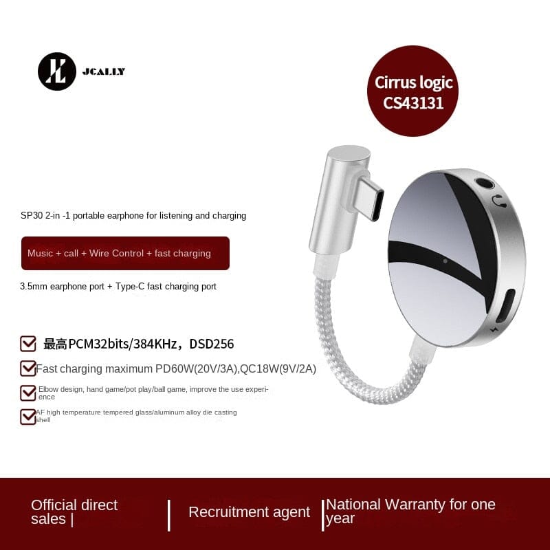 Jcally SP30 2-in-1 Transfer Cable Portable DAC & AMP With 3.5 Port & Type-C Fast Charging HiFiGo
