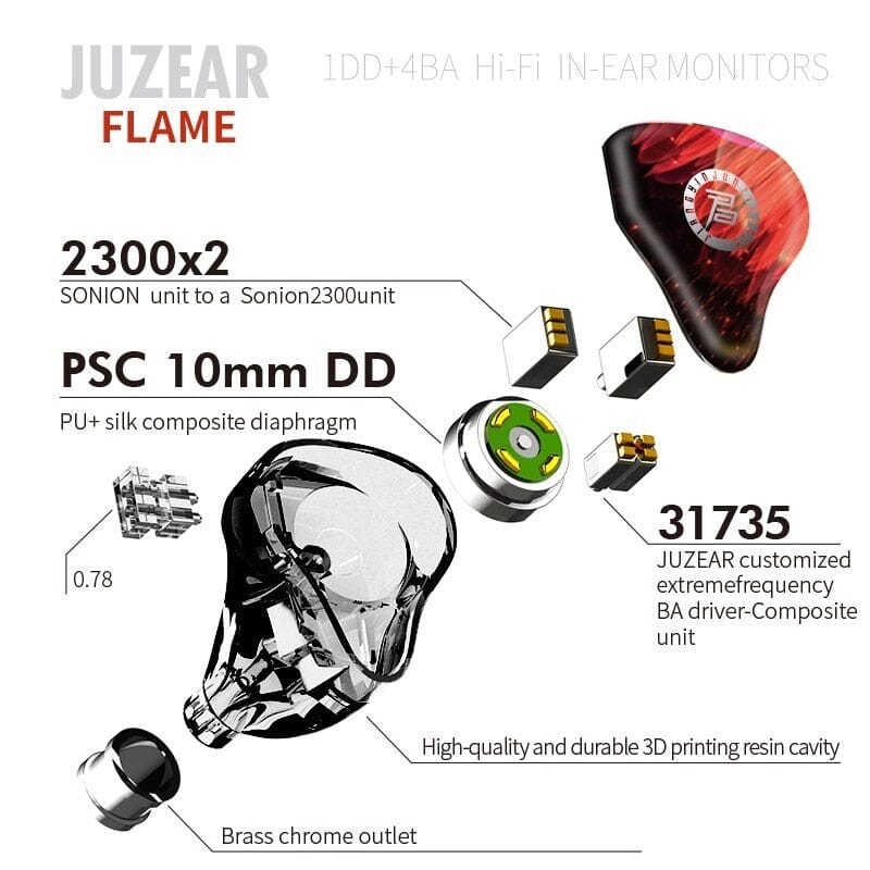 JUZEAR FLAME 1DD+4BA Hybrid In-Ear Earphone Monitor HiFiGo