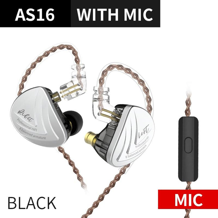 KZ AS16 16BA Balanced Armature Units HIFI Bass In Ear Monitor Earphones HiFiGo Black Mic 