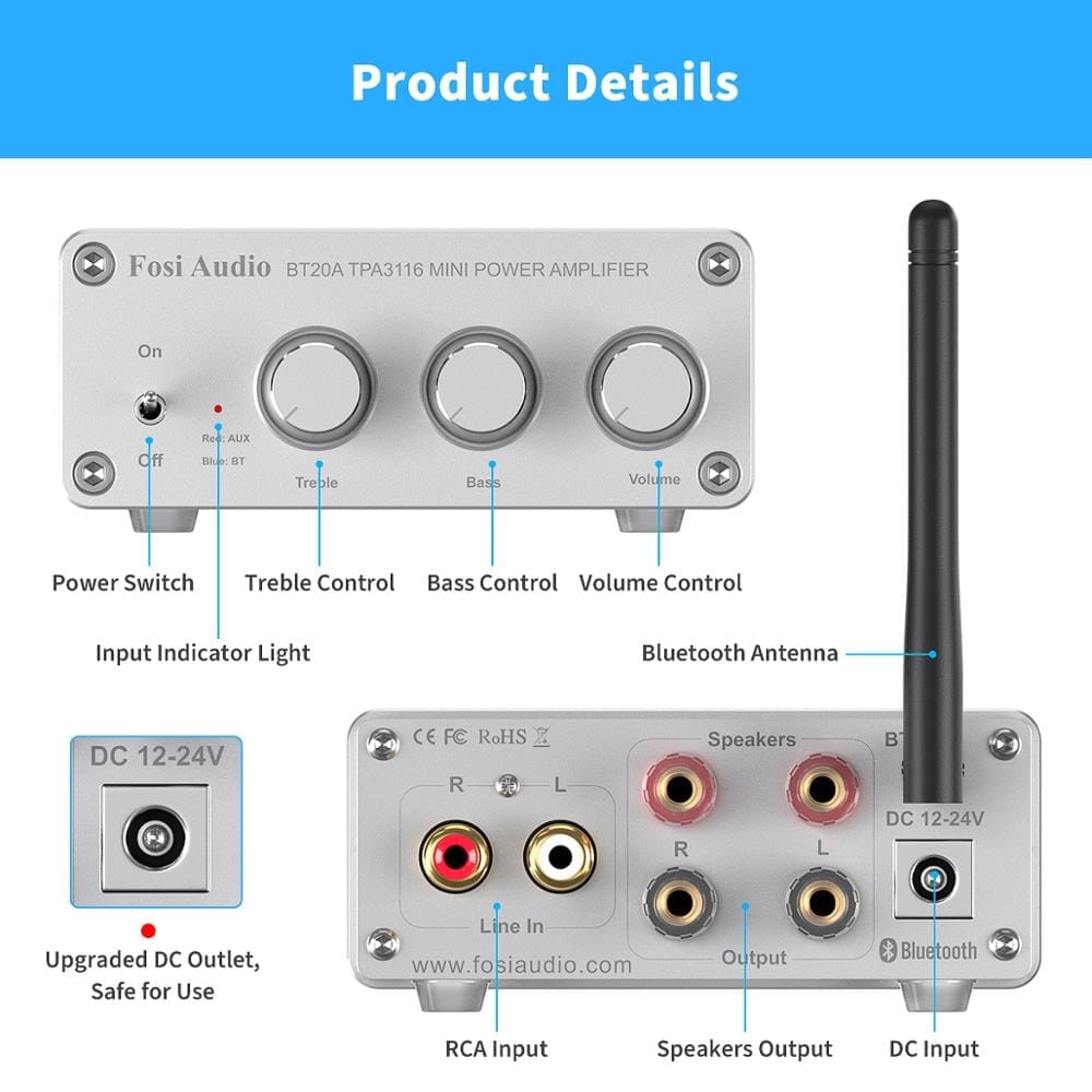 Fosi Audio BT20A Bluetooth 5.0 Max Power Mini HiFi Class D Amplifier HiFiGo 
