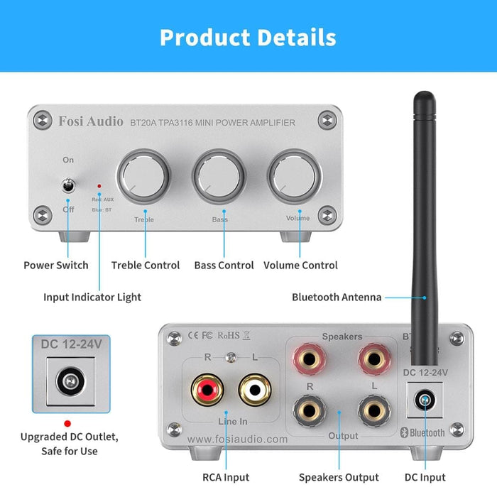 Fosi Audio BT20A Bluetooth 5.0 Max Power Mini HiFi Class D Amplifier HiFiGo 