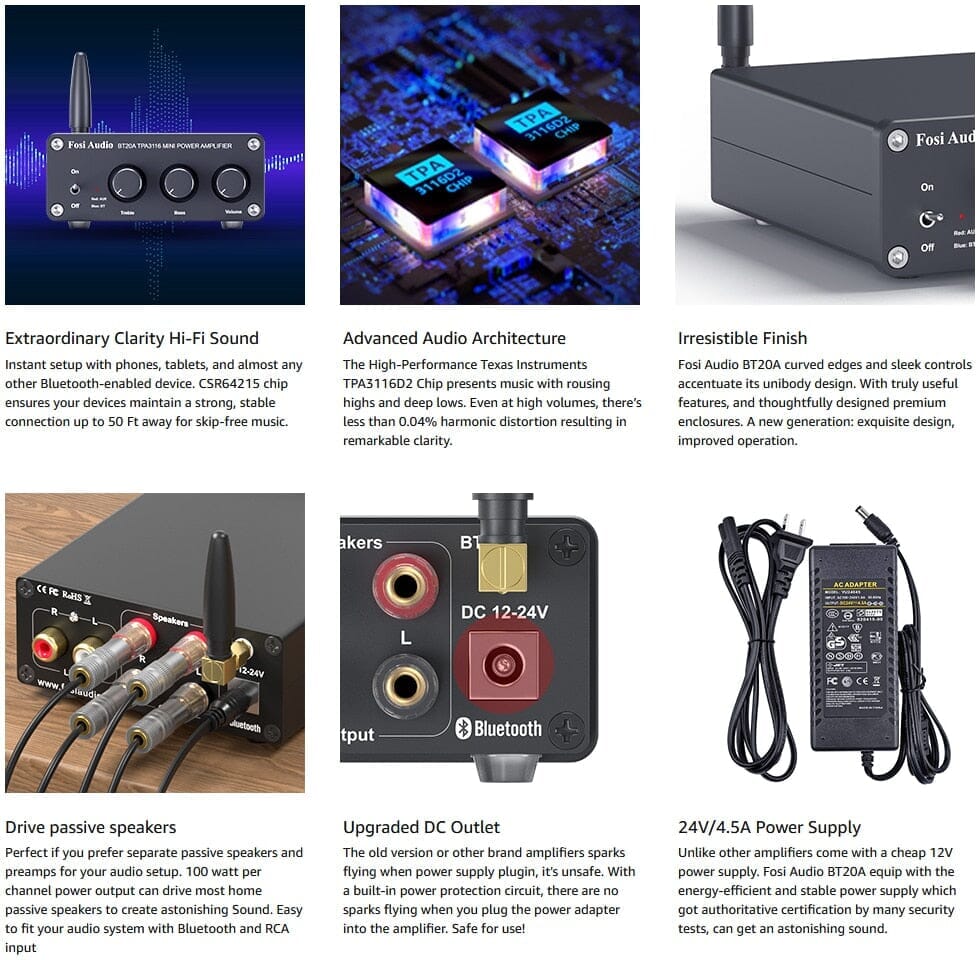 Fosi Audio BT20A Bluetooth 5.0 Max Power Mini HiFi Class D Amplifier HiFiGo 