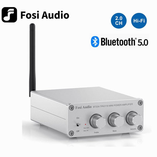 Fosi Audio BT20A Bluetooth 5.0 Max Power Mini HiFi Class D Amplifier HiFiGo BT20A +24V + UK Plug -Silver 