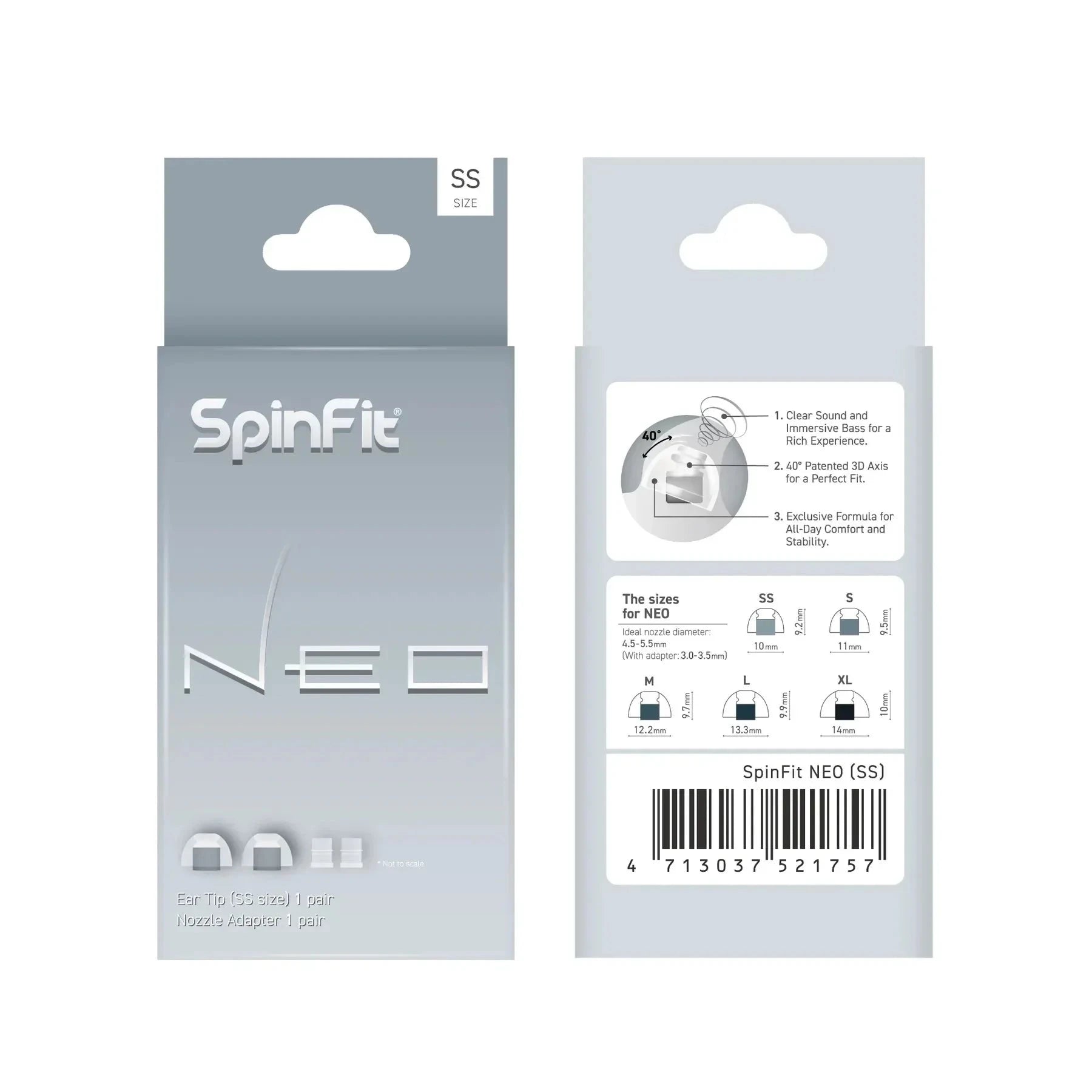 SpinFit NEO Silicone Patented Eartips for 4.5mm-5.5mm Nozzle HiFiGo NEO SS 1pair 