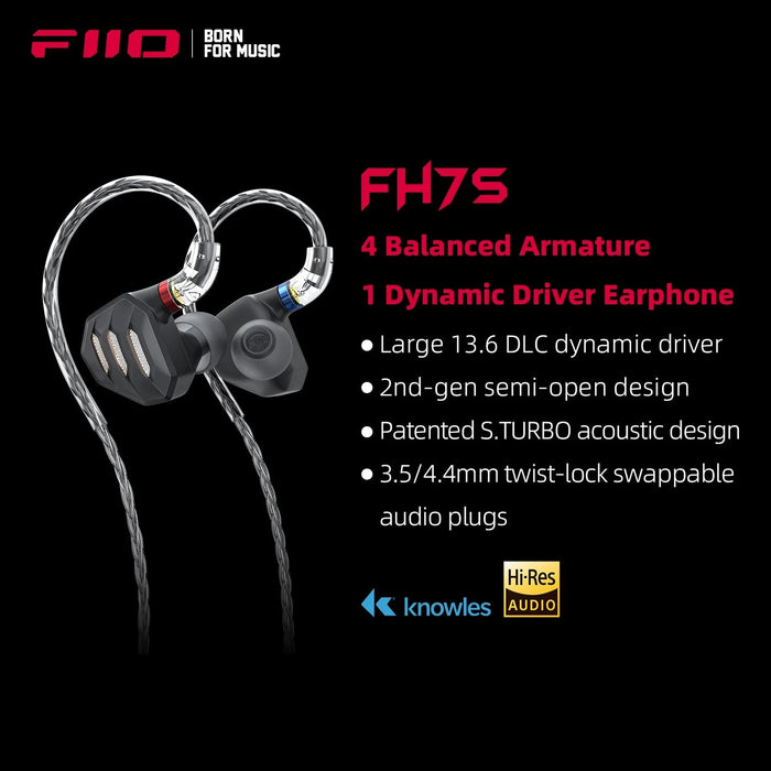 FiiO FH7S 1DD+4BA Hybrid IEMs In-Ear Monitors With 3.5mm & 4.4mm Plugs Expanded MMCX HiFiGo 