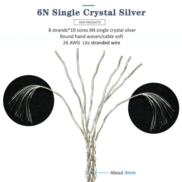 GUCraftsman 6N Single Crystal Silver Earphone Cables For QDC Anole VX v3 V6 UERM UE5pro UE18pro HiFiGo 