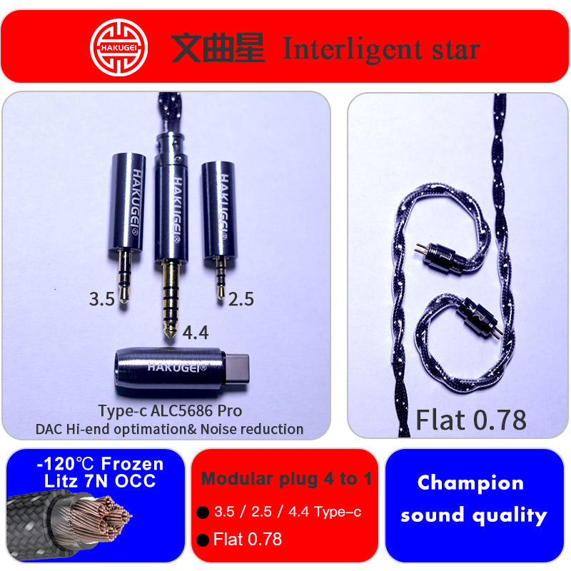 HAKUGEI Interligent Star 7N OCC Hifi Earphone Cable - 2Pin / MMCX / QDC / Flat 2Pin HiFiGo Flat 2Pin / 4 To1 / Type-C 
