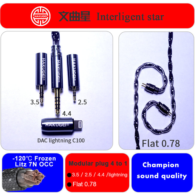 HAKUGEI Interligent Star 7N OCC Hifi Earphone Cable - 2Pin / MMCX / QDC / Flat 2Pin HiFiGo QDC / 4 To1 / Lightning 