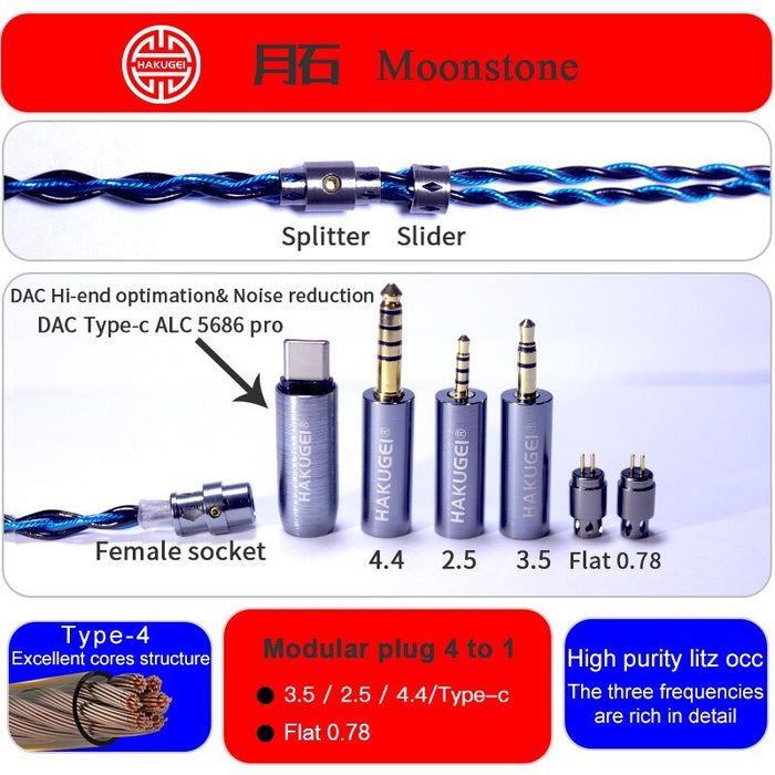 HAKUGEI Moonstone Litz 6N OCC HiFi Earphone Cable 2.5/3.5/4.4 - 0.78 / MMCX / QDC / Lightning / Type-c HiFiGo 4 To 1 Type-C / Flat 2Pin 