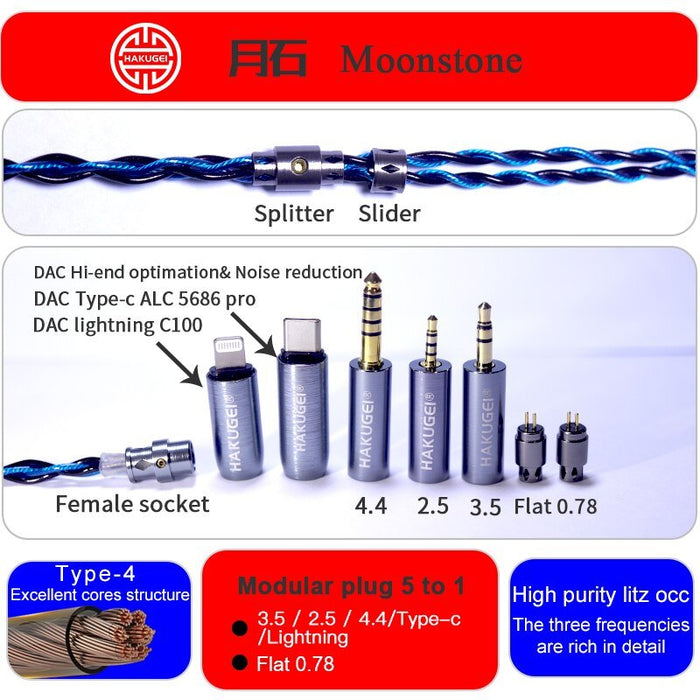 HAKUGEI Moonstone Litz 6N OCC HiFi Earphone Cable 2.5/3.5/4.4 - 0.78 / MMCX / QDC / Lightning / Type-c HiFiGo 5 To 1 / Flat 2Pin 