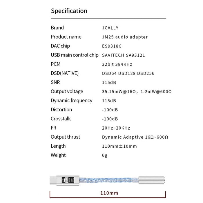 JCALLY JM25 Type-C DAC Digital Audio Portable Decoding AMP Hifi Earphone Cable HiFiGo 