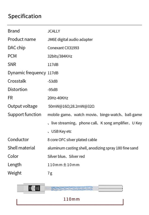 JCALLY JM6E CX31993 Portable DAC & AMP Type-C to 3.5mm Adapter HiFiGo 
