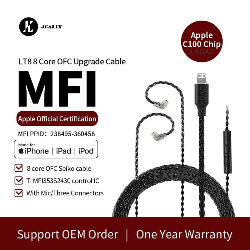 JCALLY LT8 Lightning Upgrade Cable 4 Strands 5N Oxygen-Free Copper Wire HiFiGo 
