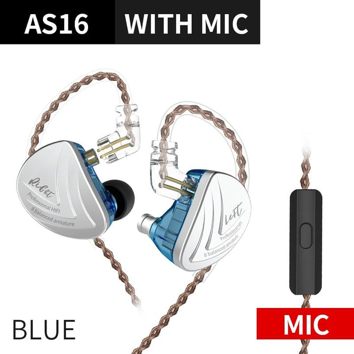 KZ AS16 16BA Balanced Armature Units HIFI Bass In Ear Monitor Earphones HiFiGo Blue Mic 