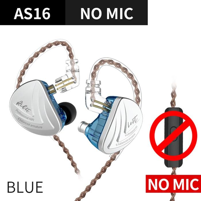 KZ AS16 16BA Balanced Armature Units HIFI Bass In Ear Monitor Earphones HiFiGo Blue No Mic 